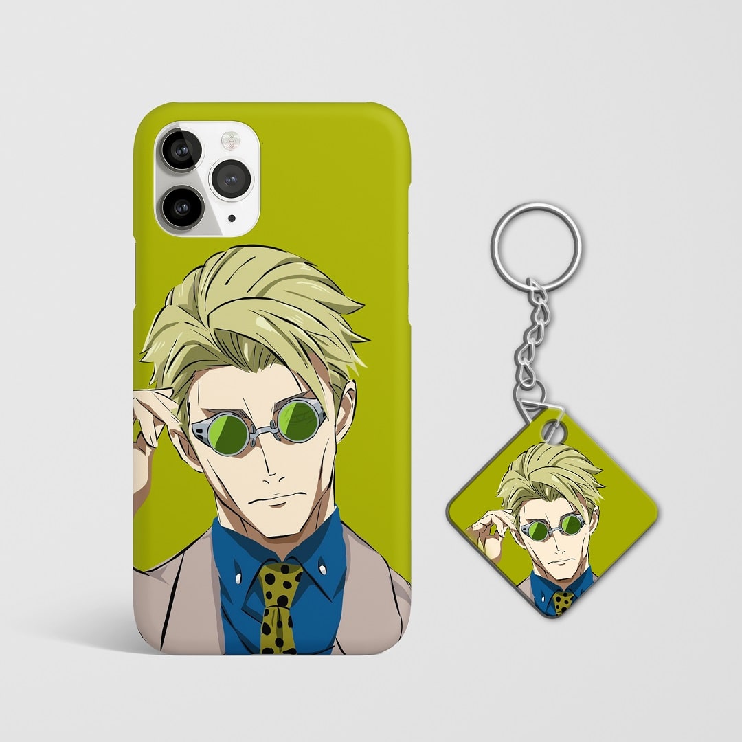 Close-up of Kento Nanami's serious expression on phone case with Keychain.