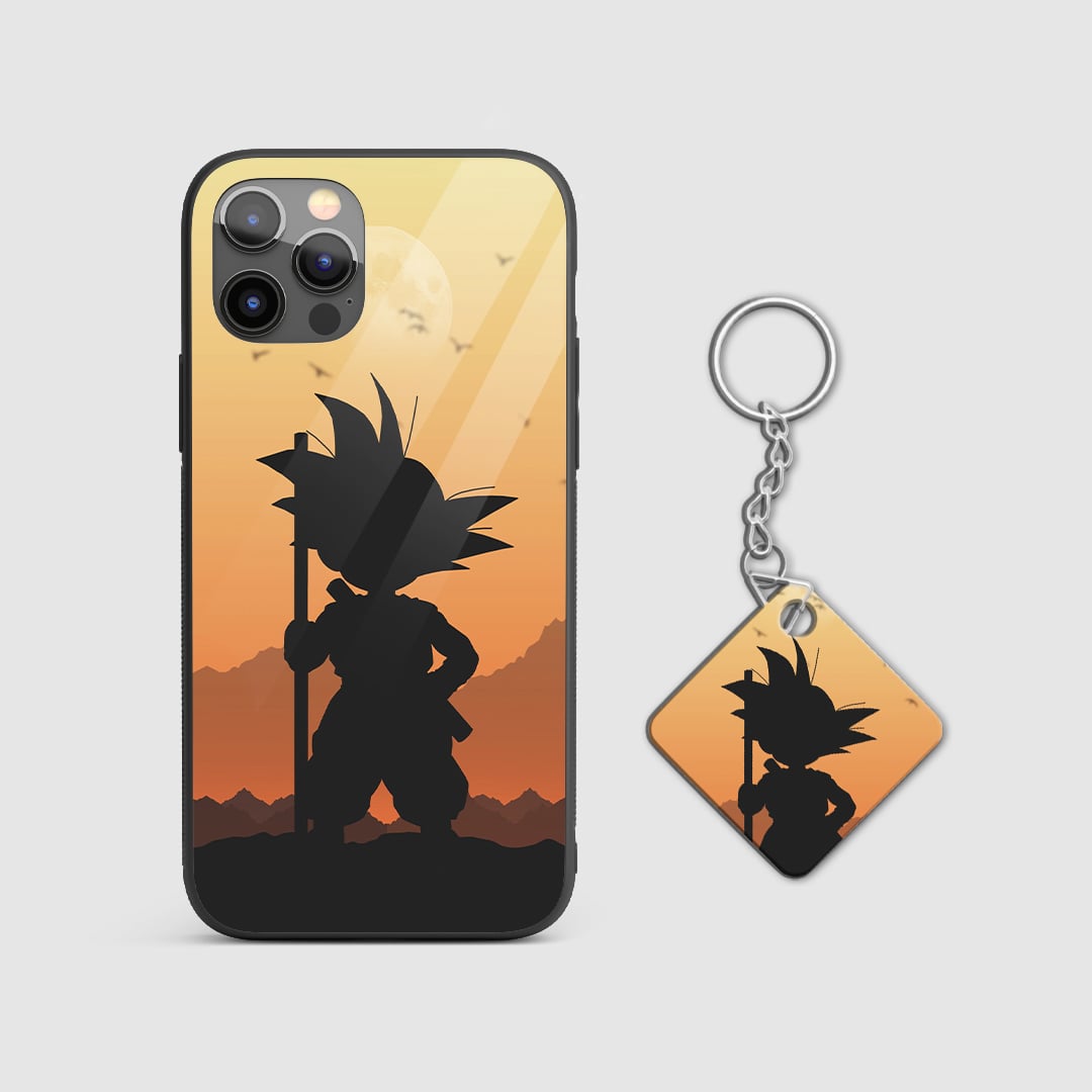 Colorful depiction of Kid Goku with his Power Pole on the silicone armored phone case with Keychain.