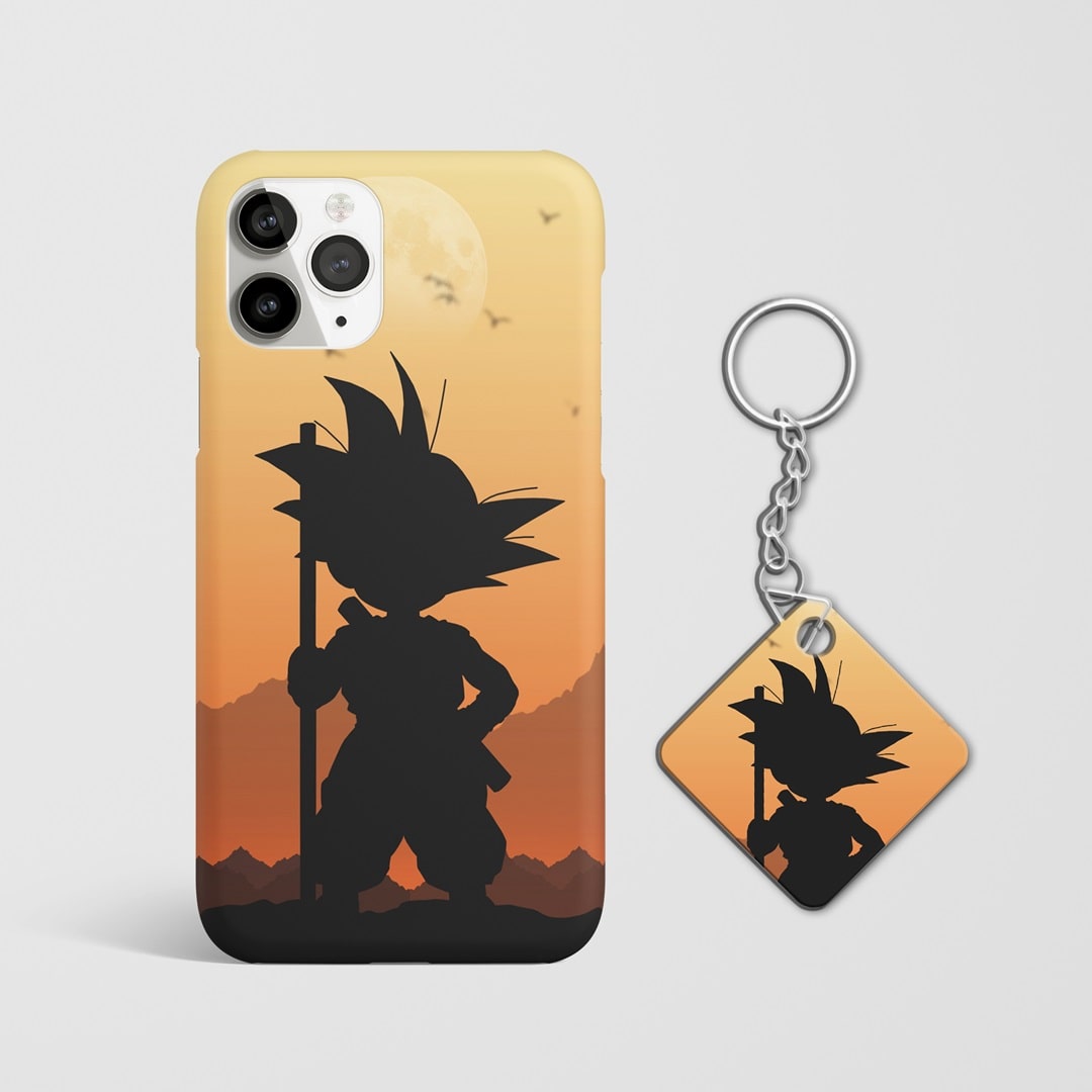 Close-up of Kid Goku's cheerful expression on phone case with Keychain.
