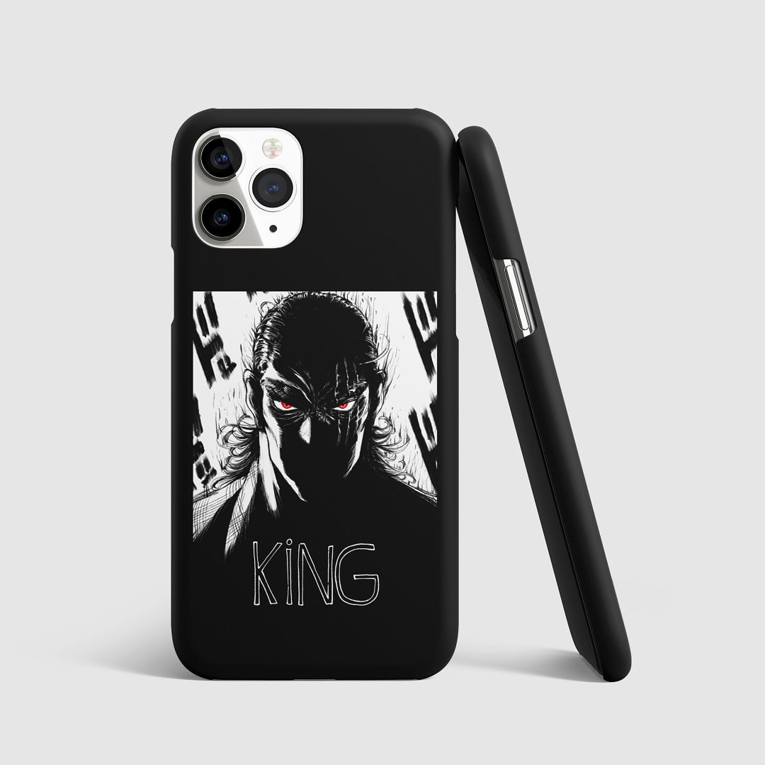 Striking artwork of King from "One Punch Man" on phone cover.