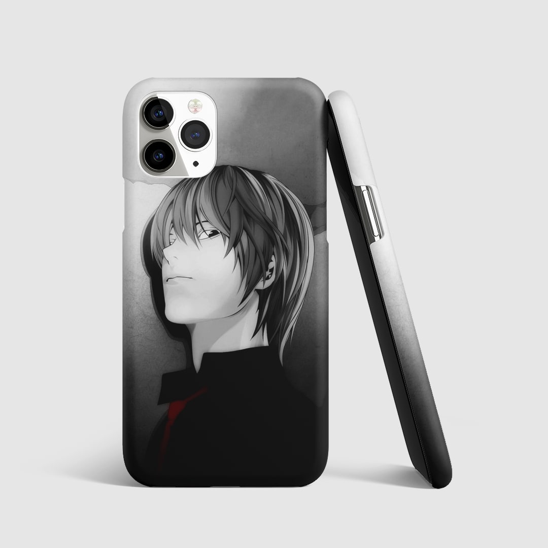 Striking artwork of Kira from "Death Note" on phone cover.