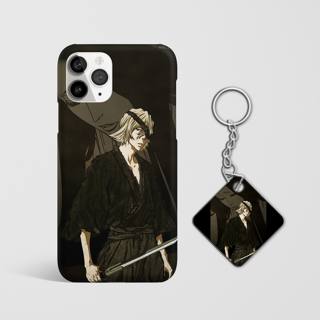 Close-up of Kisuke Urahara’s clever expression on phone case with Keychain.
