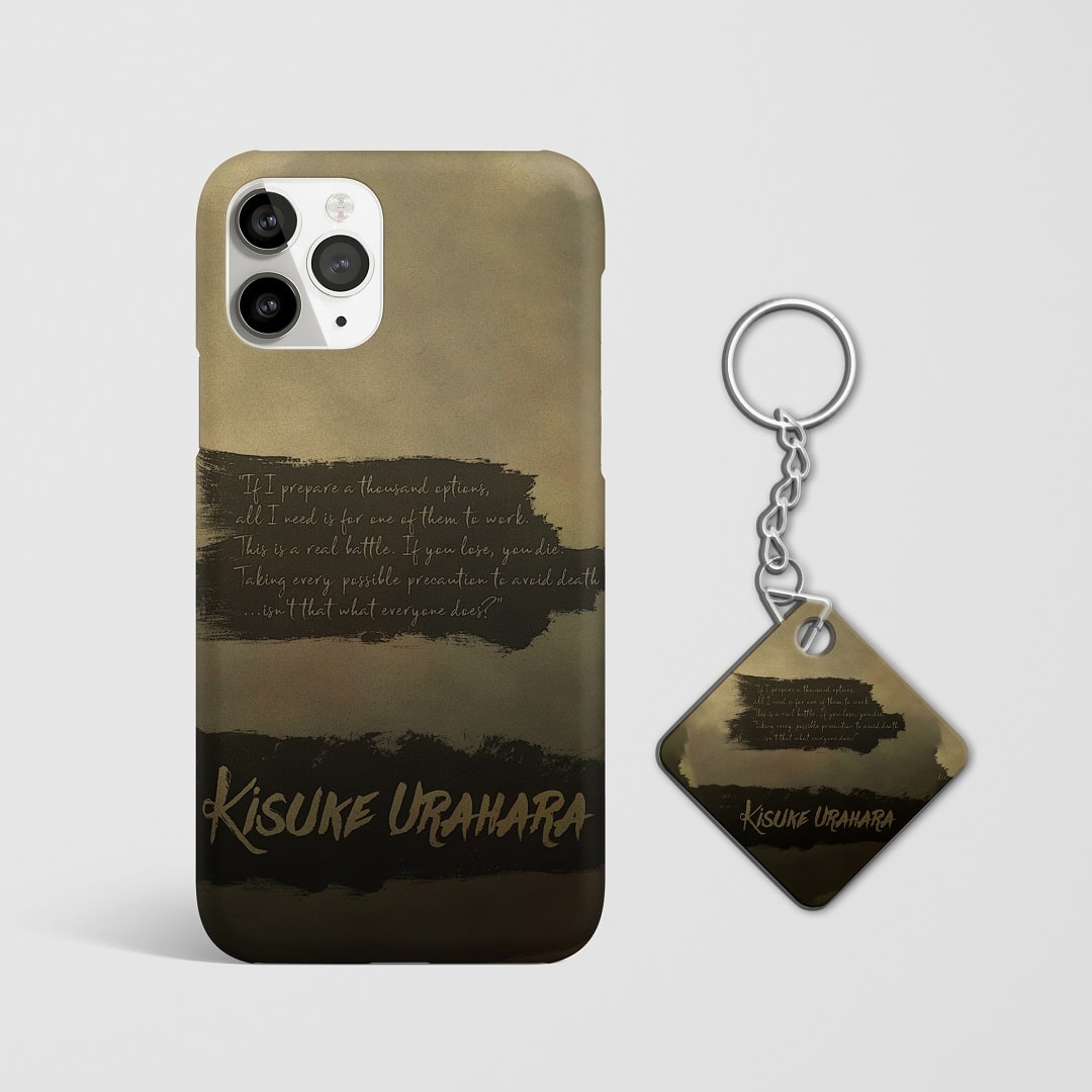 Close-up of Kisuke Urahara’s quote design on phone case with Keychain.