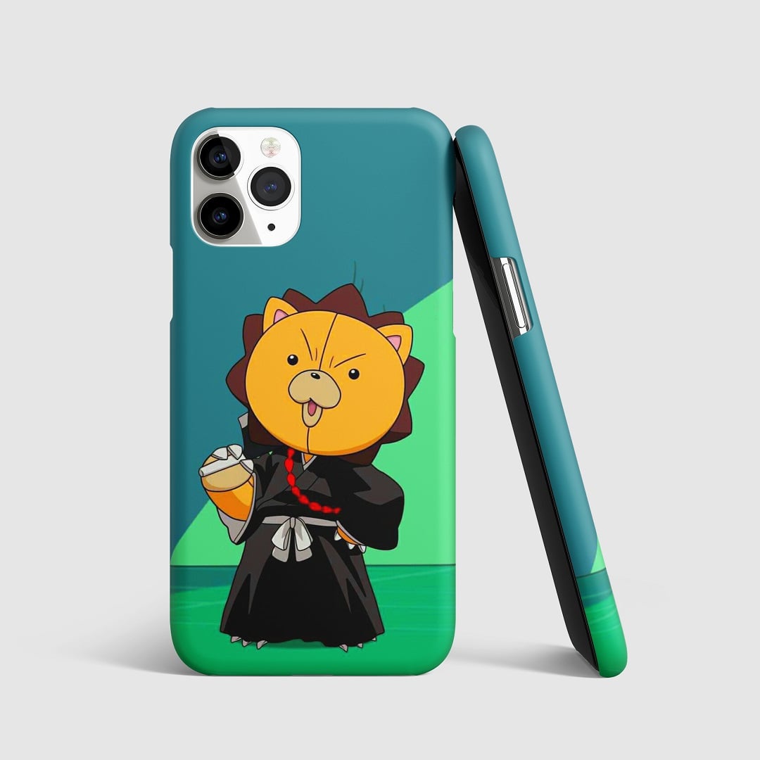 Adorable artwork of Kon from "Bleach" on phone cover.
