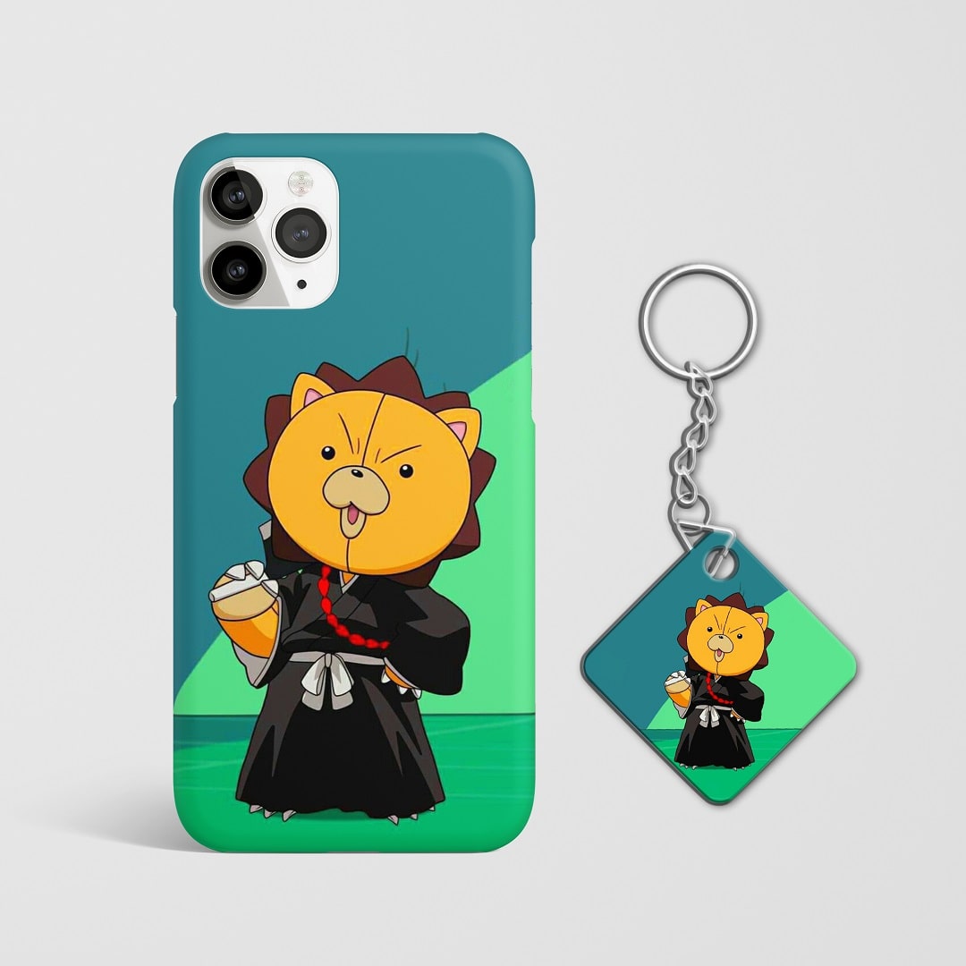 Close-up of Kon’s playful expression on phone case with Keychain.