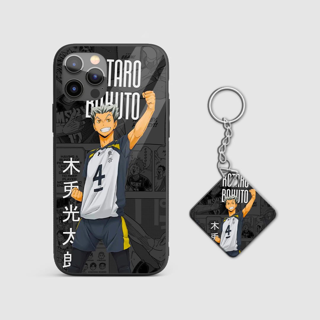Side angle of Bokuto Victory Haikyu anime armored phone case with Keychain