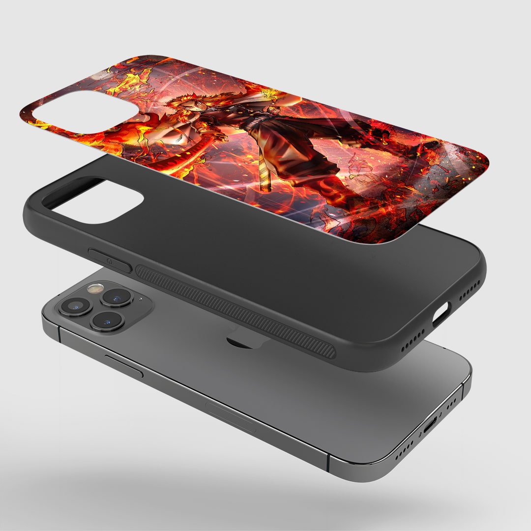 Kyojuro Rengoku Action Phone Case installed on a smartphone, offering robust protection and a bold design.