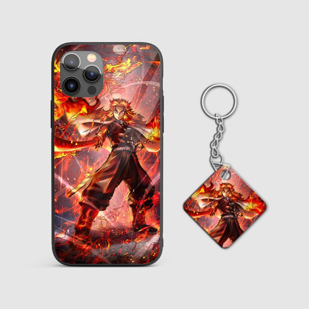 Dynamic design of Kyojuro Rengoku in action from Demon Slayer on a durable silicone phone case with Keychain.