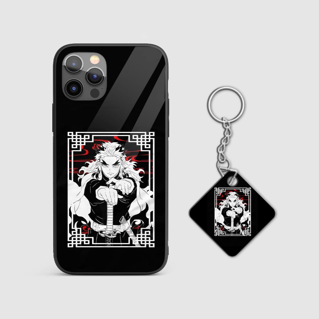 Subtle design of Kyojuro Rengoku from Demon Slayer on a durable silicone phone case with Keychain.