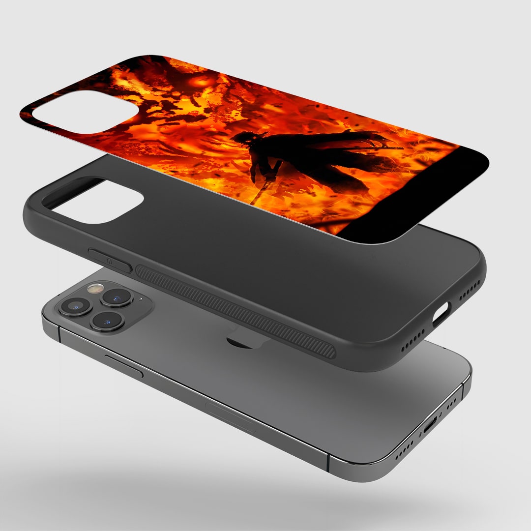 Kyojuro Fire Phone Case installed on a smartphone, offering robust protection and a bold design.