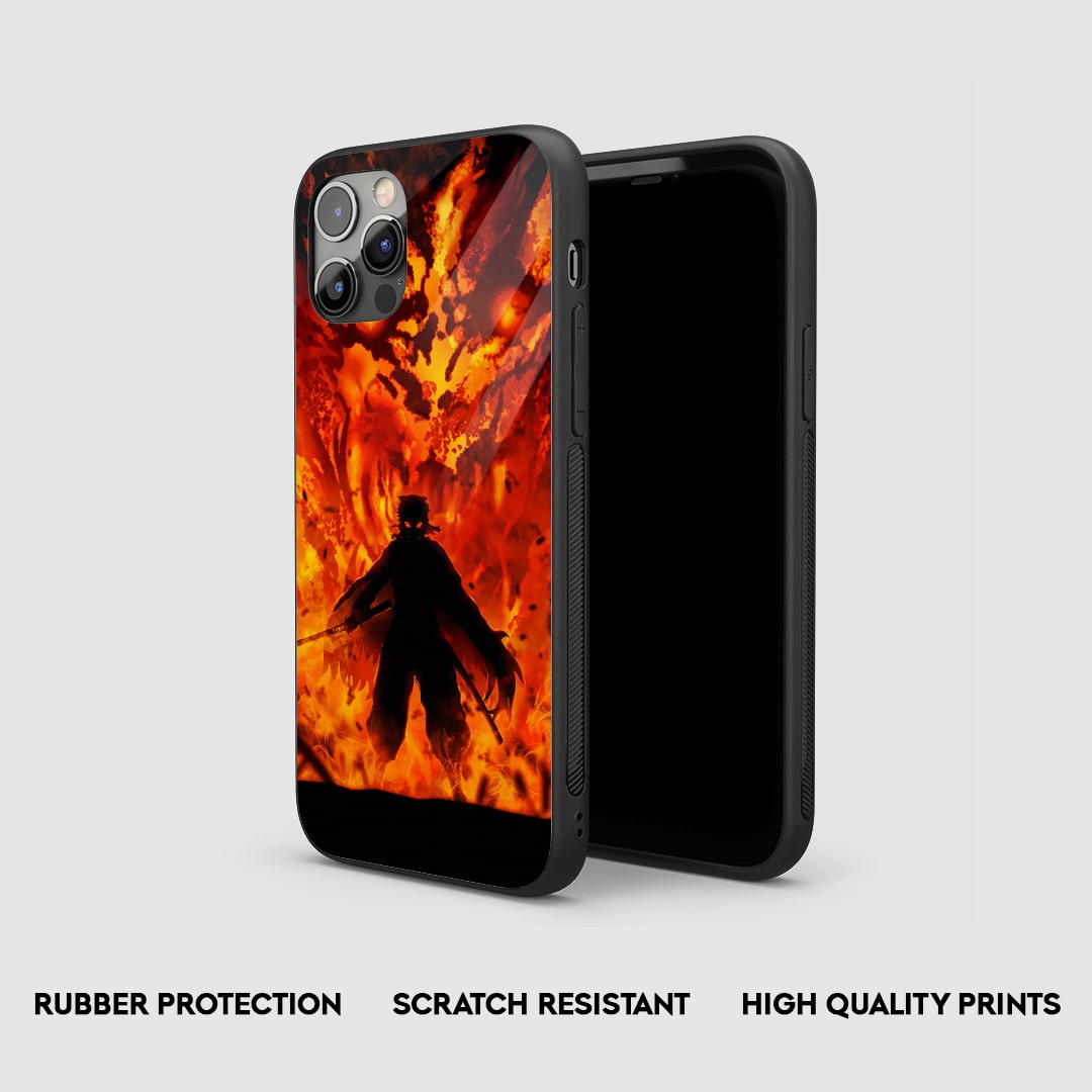 Side view of the Kyojuro Fire Armored Phone Case, highlighting its thick, protective silicone material.
