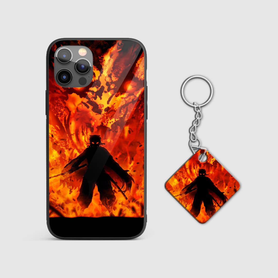 Fiery design of Kyojuro Rengoku from Demon Slayer on a durable silicone phone case with Keychain.