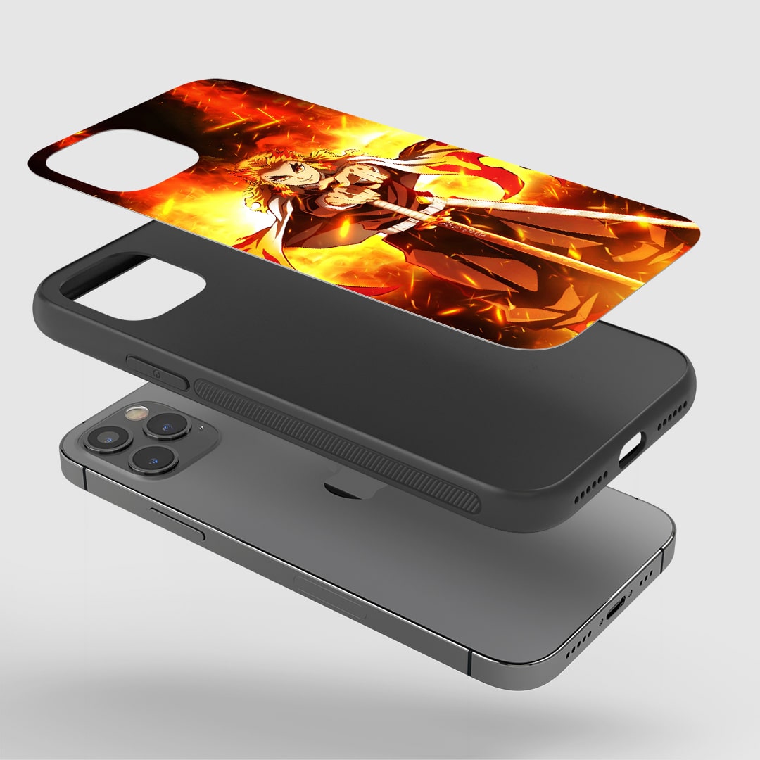 Kyojuro Flame Phone Case installed on a smartphone, offering robust protection and a bold design.