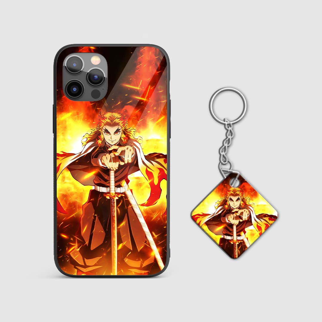 Fiery design of Kyojuro Rengoku from Demon Slayer on a durable silicone phone case with Keychain.