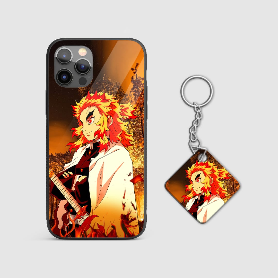 Fierce design of Kyojuro Rengoku from Demon Slayer on a durable silicone phone case with Keychain.