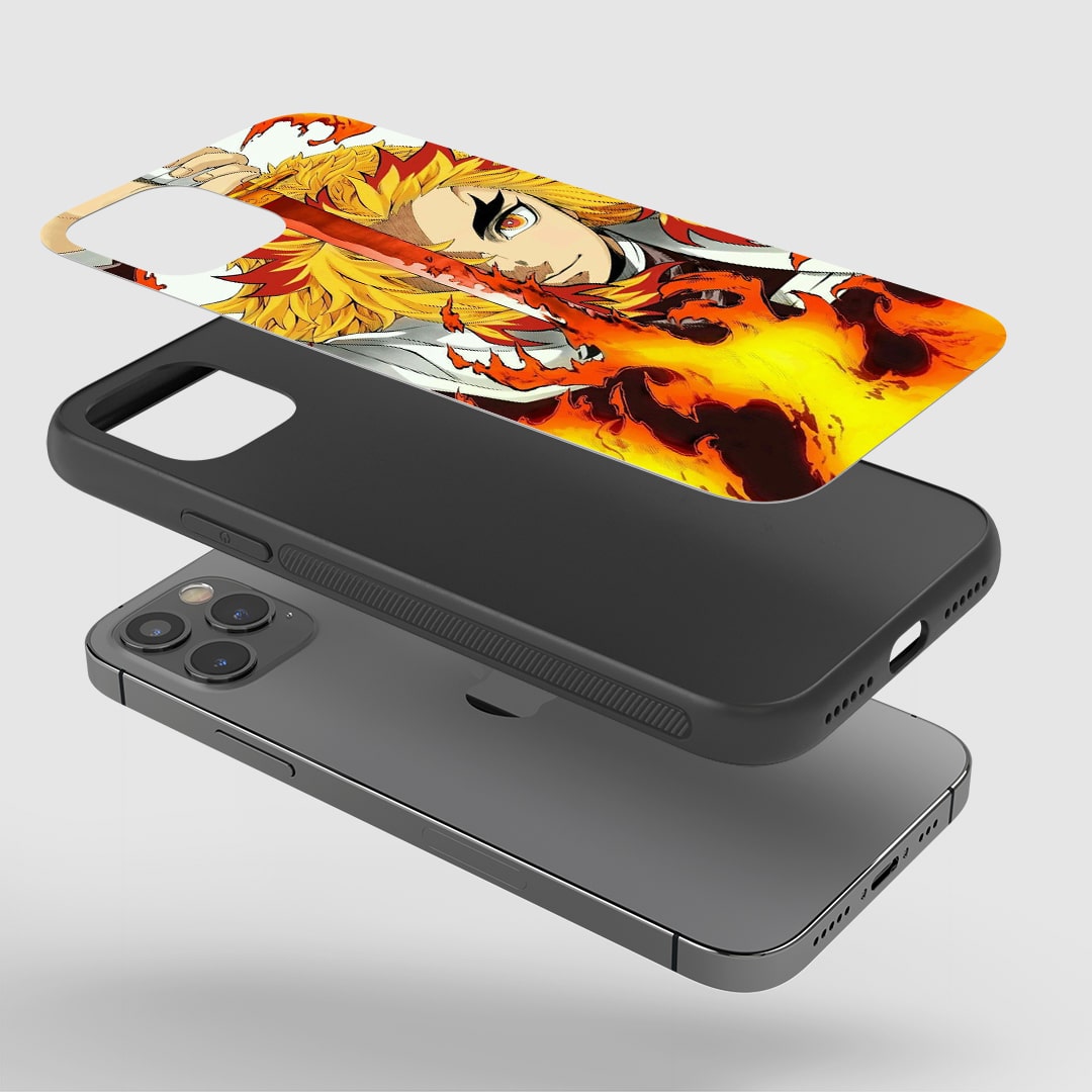 Kyojuro Nichirin Sword Phone Case installed on a smartphone, offering robust protection and a dynamic design.