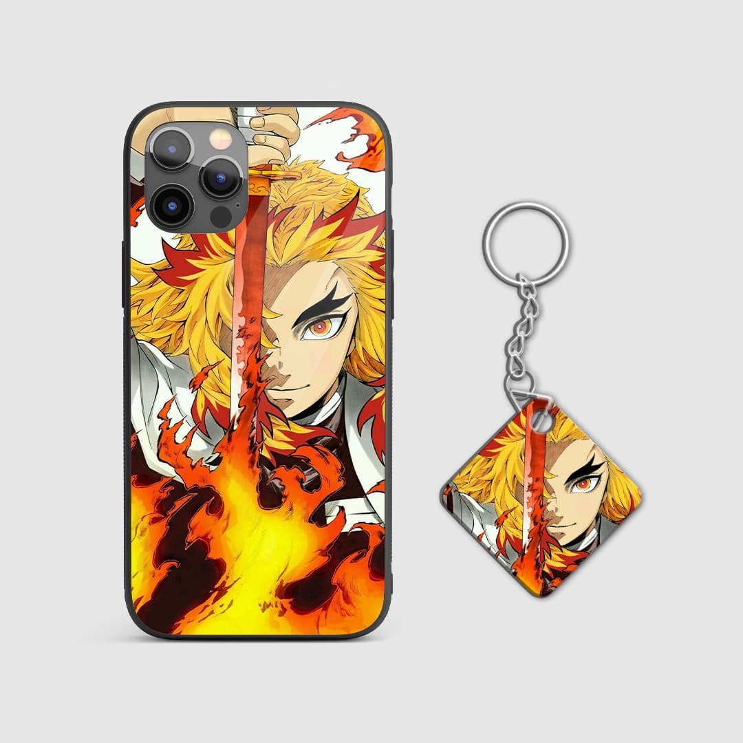 Fiery design of Kyojuro Rengoku from Demon Slayer with his Nichirin sword on a durable silicone phone case with Keychain.