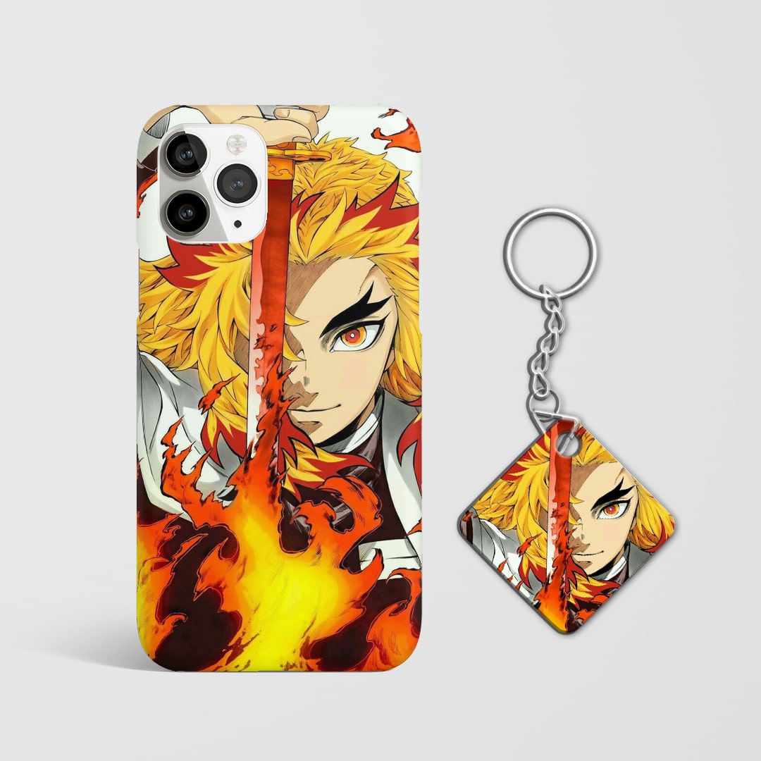 Close-up of Kyojuro Rengoku’s intense expression with Nichirin Sword on phone case with Keychain.