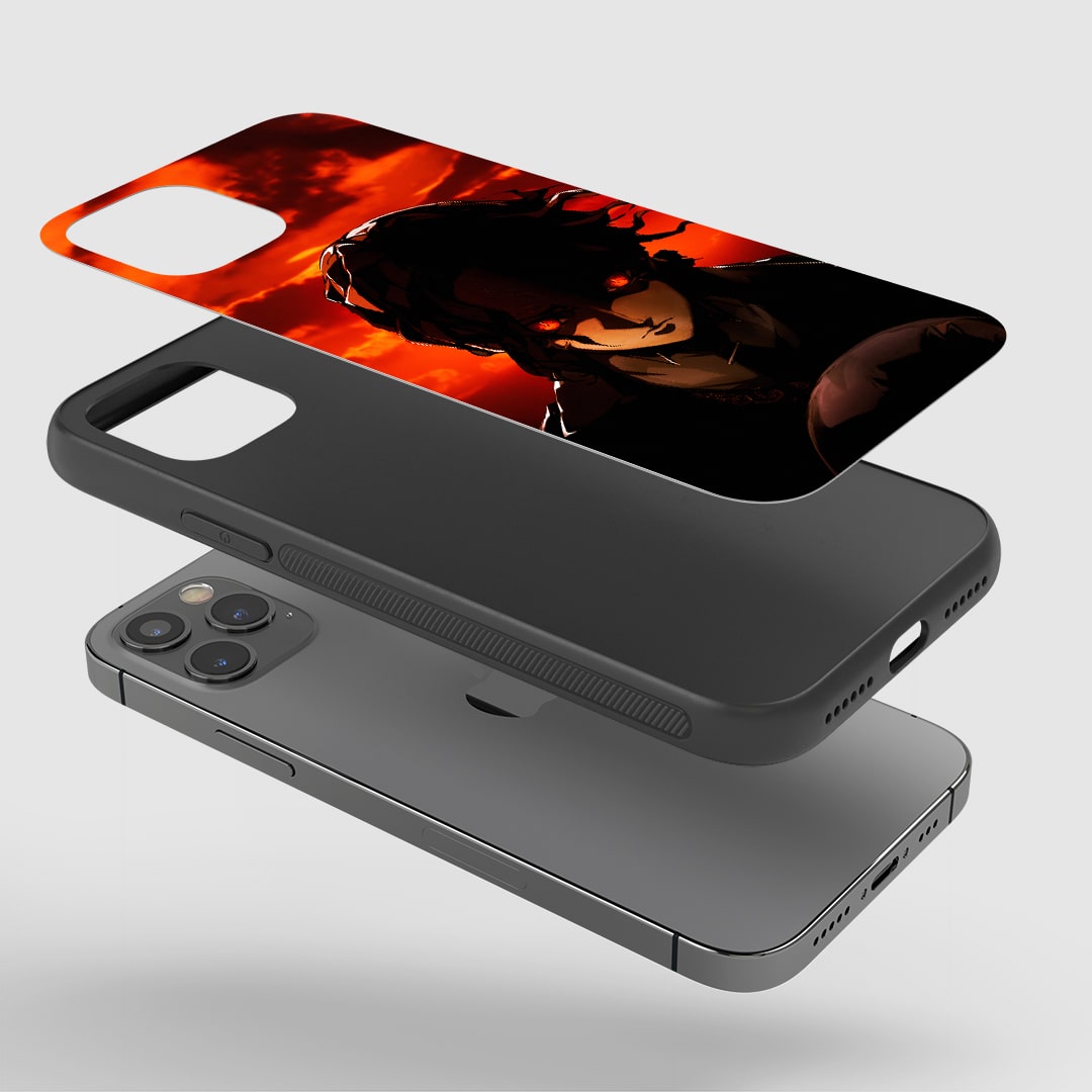 Kyojuro Red Eyes Phone Case installed on a smartphone, offering robust protection and a powerful design.