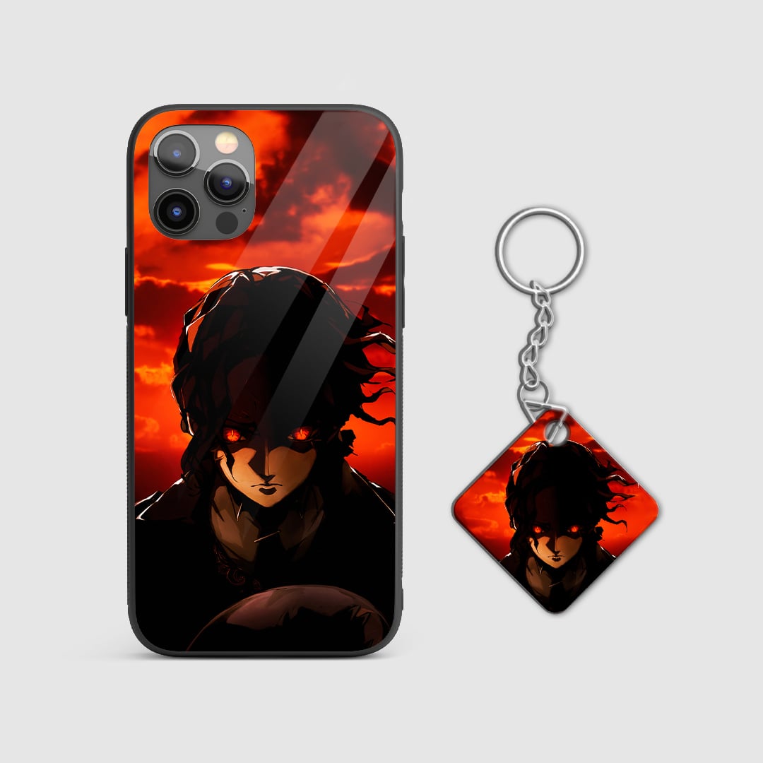Intense design of Kyojuro Rengoku with red eyes from Demon Slayer on a durable silicone phone case with Keychain.