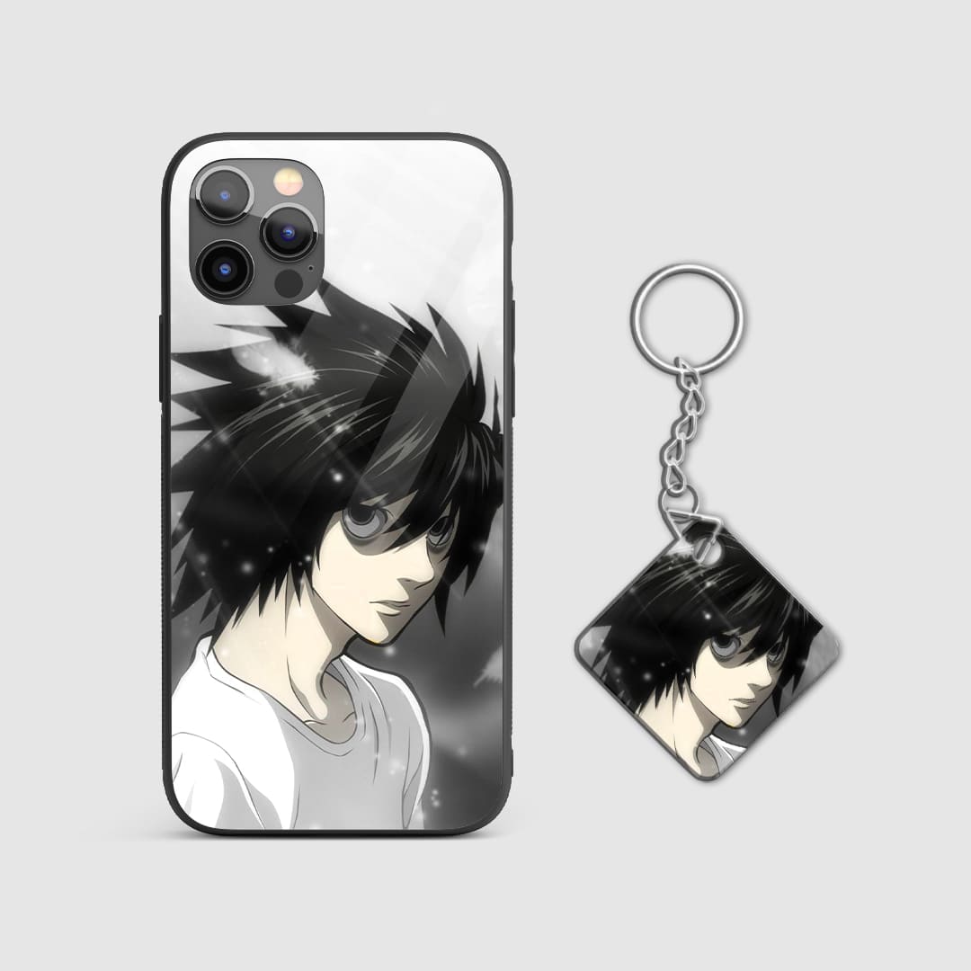 Graphic black and white phone case featuring L from Death Note, showcasing a minimalist yet bold style with Keychain.