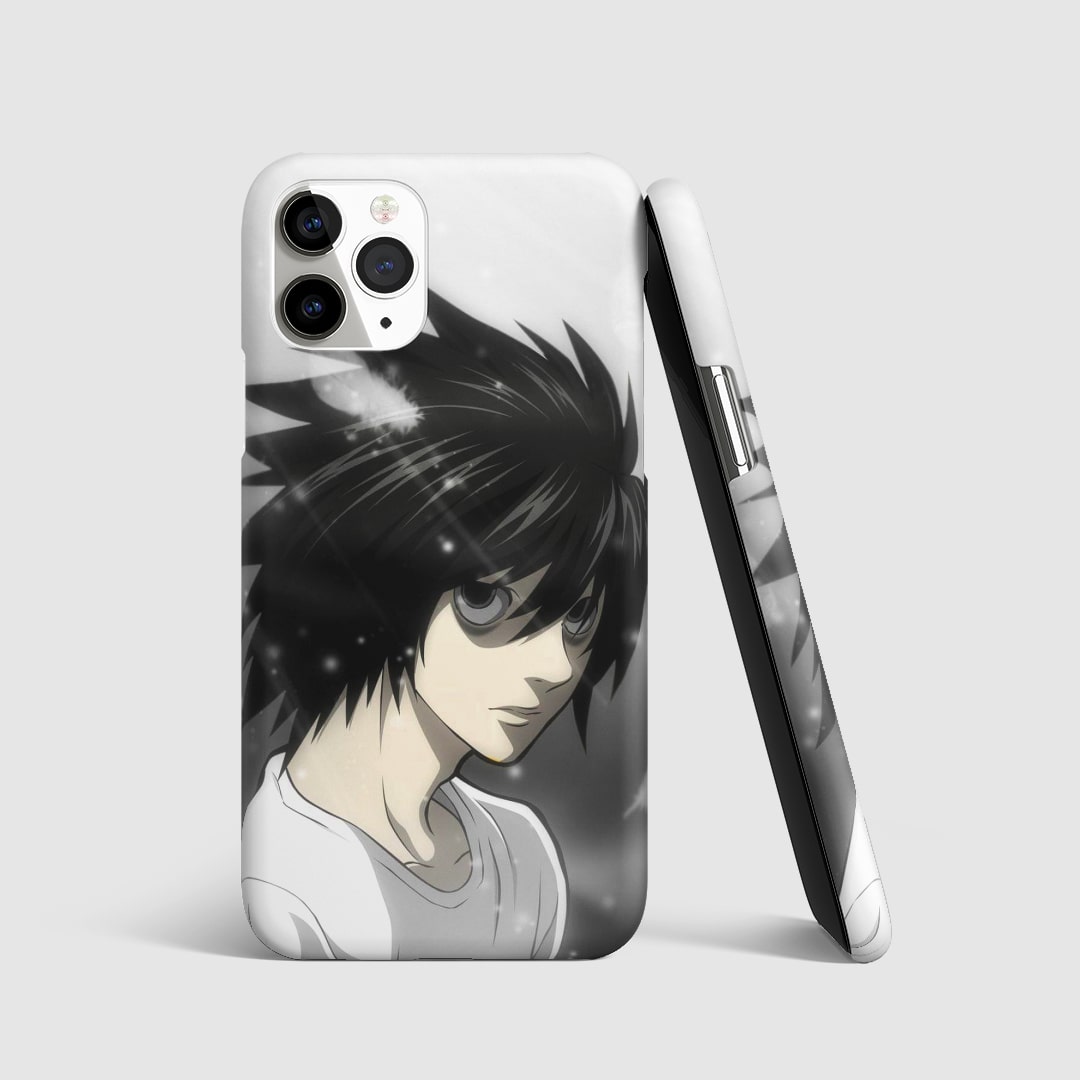 Striking black and white artwork of L from "Death Note" on phone cover.