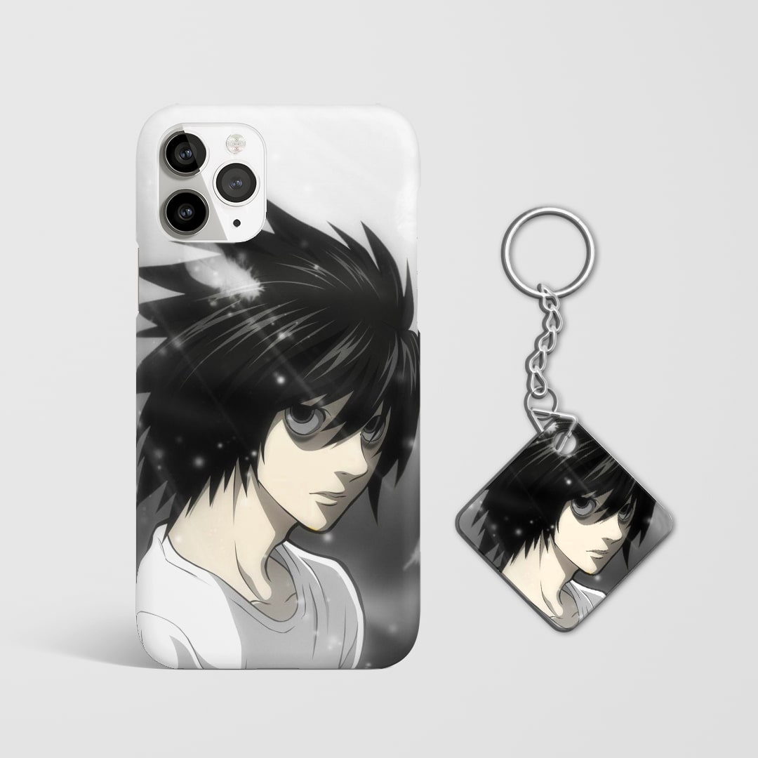 Close-up of L’s intense and thoughtful expression on black and white phone case with Keychain.
