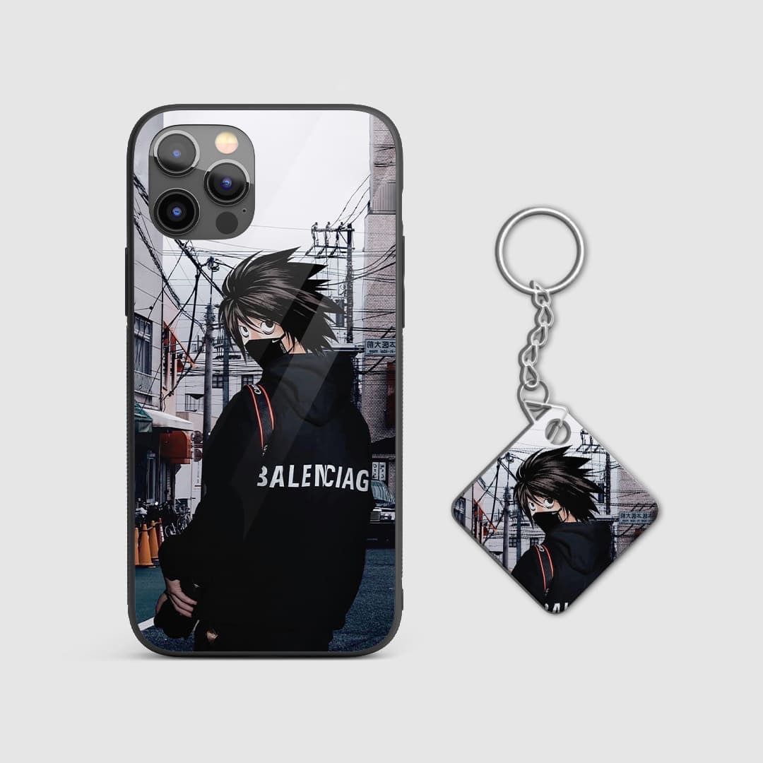 Artistic phone case with a graphic image of L, perfect for showcasing your love for the intricate series with Keychain.