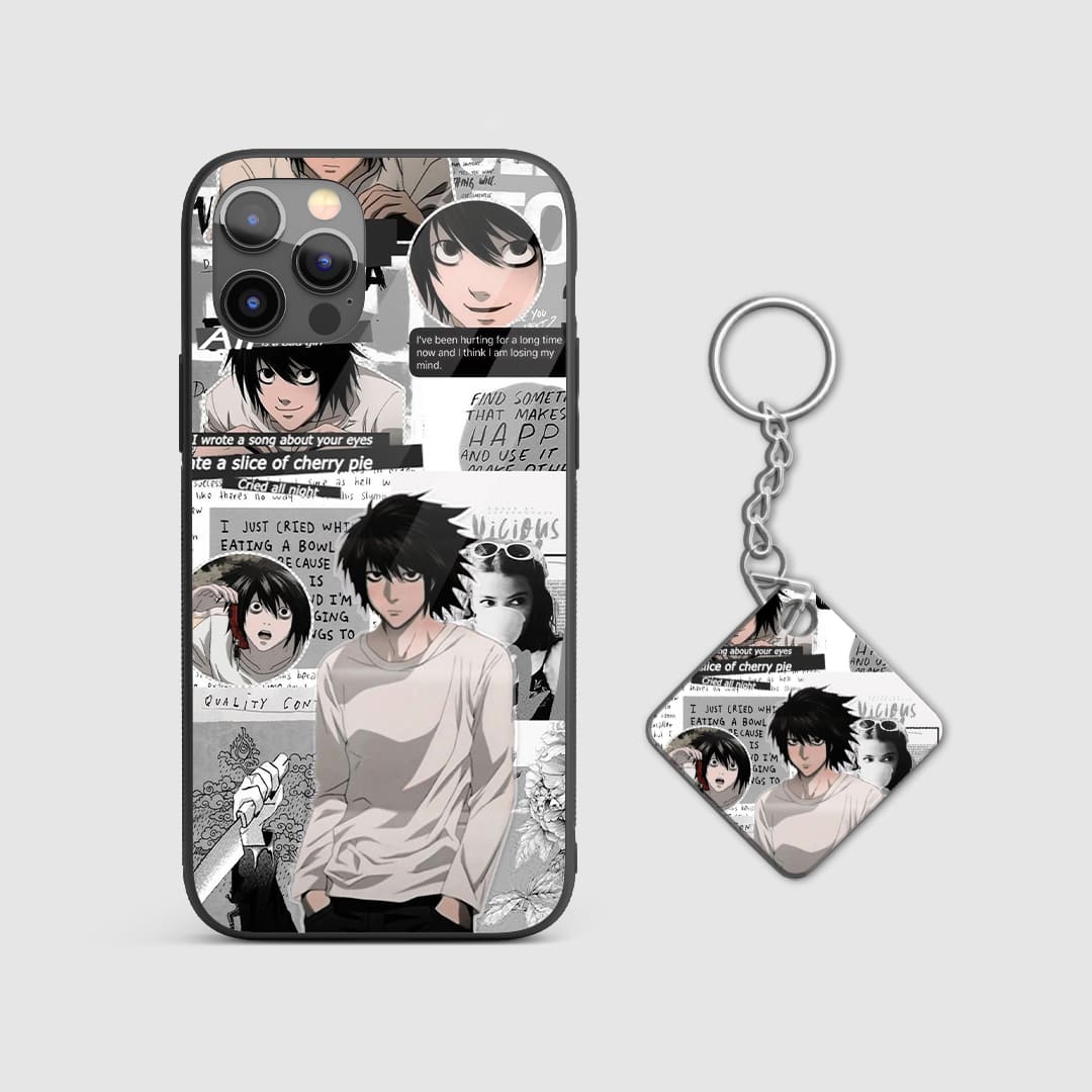 Intricate manga artwork of L on a robust silicone phone case, ideal for fans of the series with Keychain.