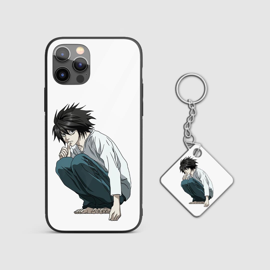 Detailed artistic depiction of detective L sitting on a durable silicone phone case with Keychain.