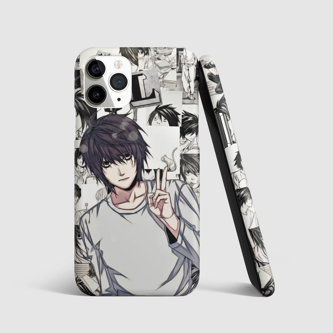 Dynamic collage of Lawliet (L) from "Death Note" on phone cover.