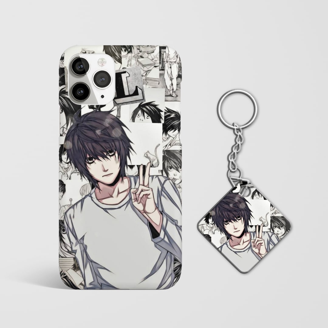 Close-up of L’s various expressions in collage style on phone case with Keychain.