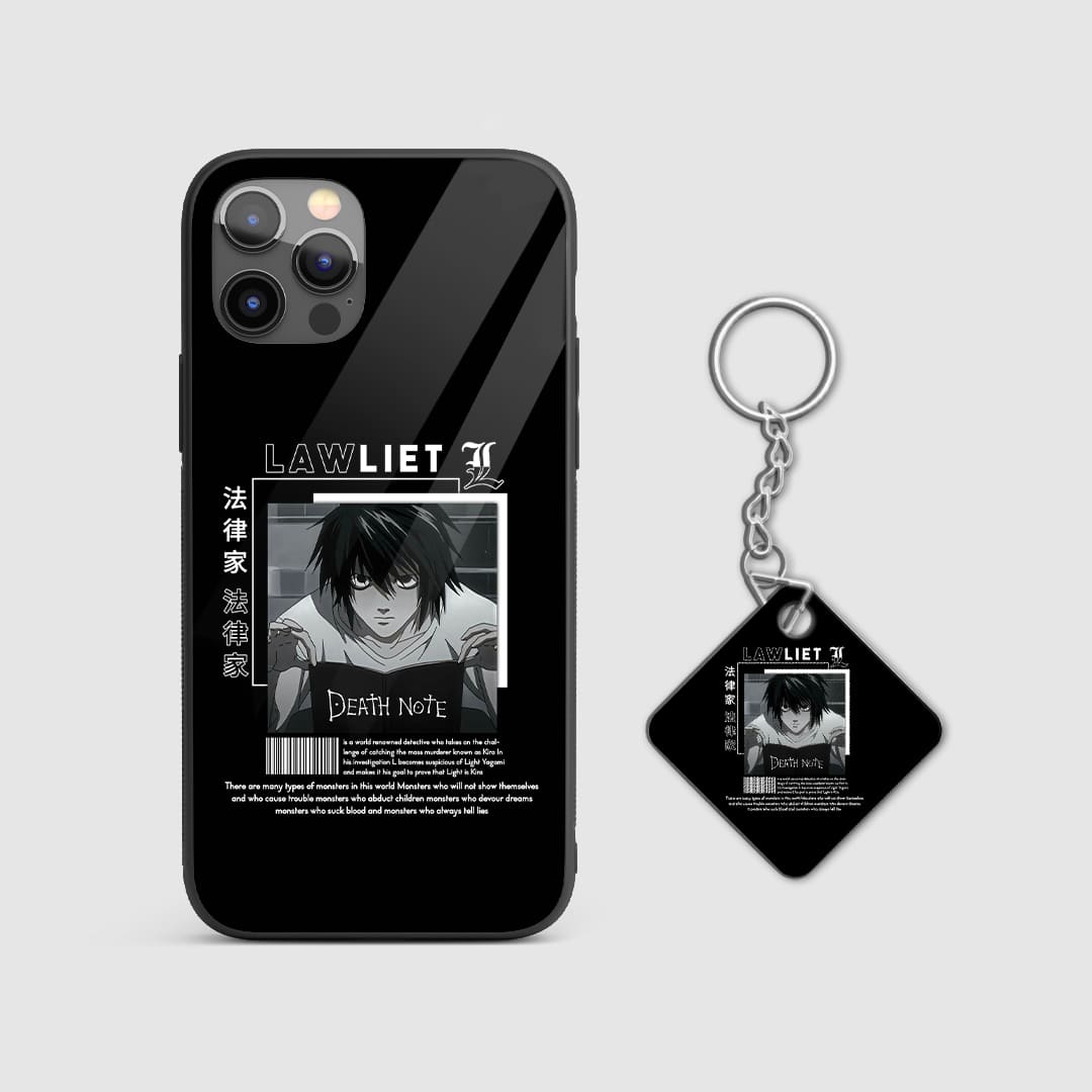 High-quality silicone phone case with an image of detective L in his iconic sitting posture with Keychain.