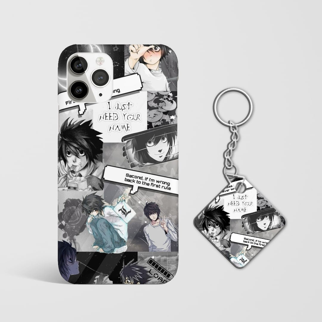 Close-up of L’s intense and thoughtful expression in manga style on phone case with Keychain.