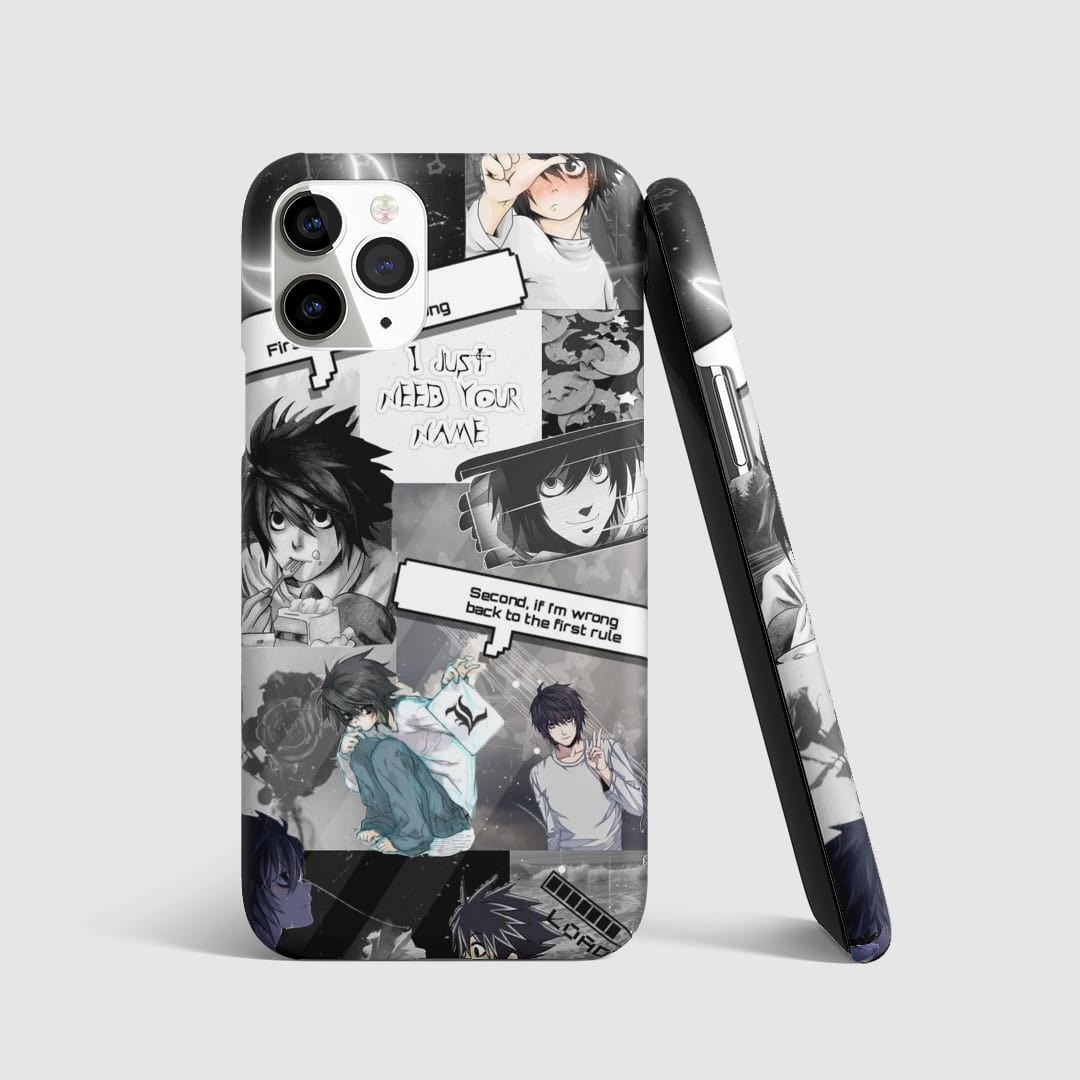 Iconic manga-style artwork of Lawliet (L) from "Death Note" on phone cover.