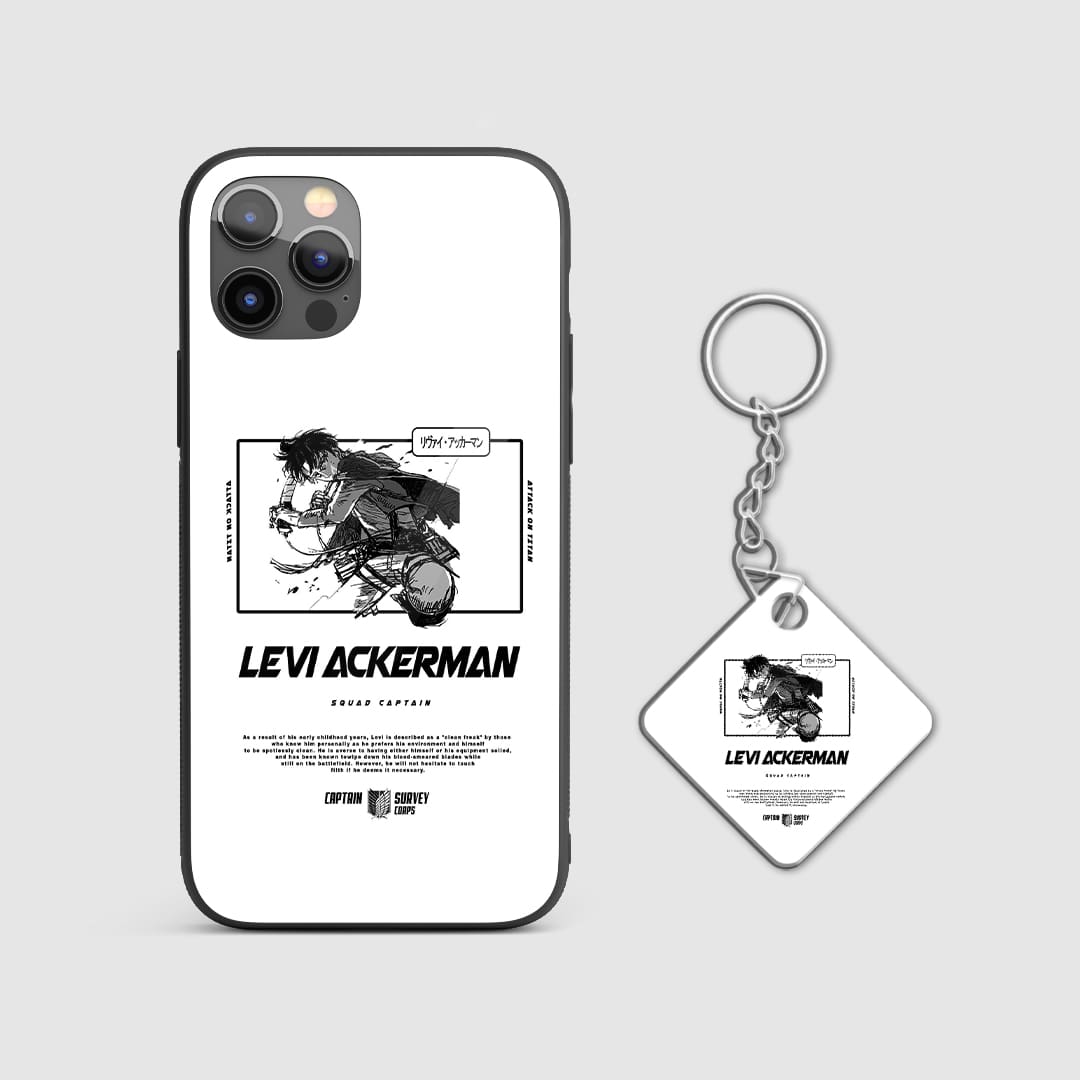 Dynamic design of Levi Ackerman from Attack on Titan on a durable silicone phone case with Keychain.