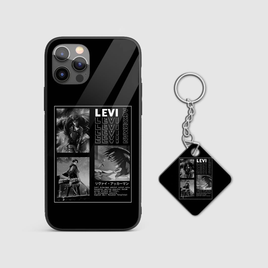 Iconic black and white design of Levi Ackerman from Attack on Titan on a durable silicone phone case with Keychain.