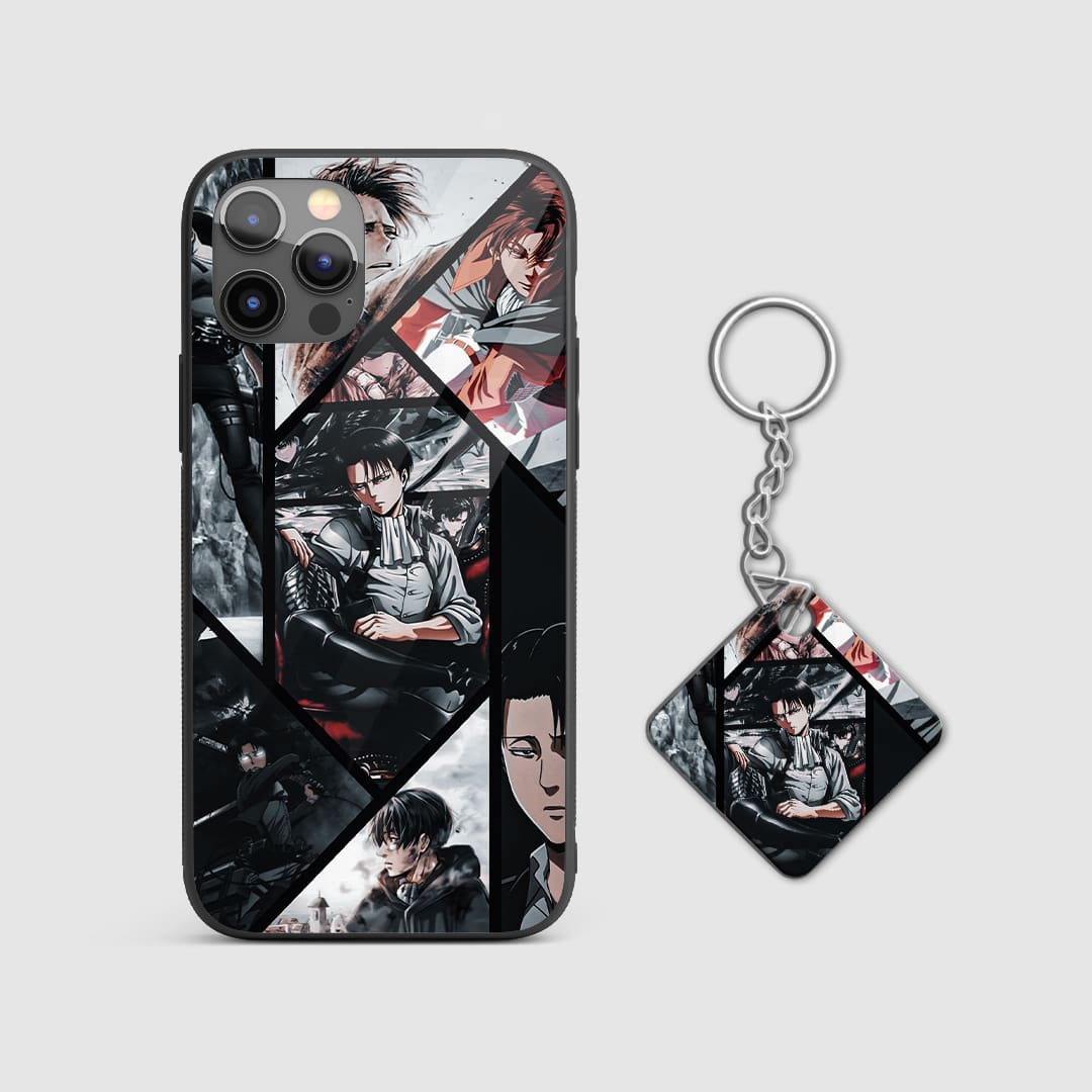 Multifaceted collage design of Levi Ackerman from Attack on Titan on a durable silicone phone case with Keychain.