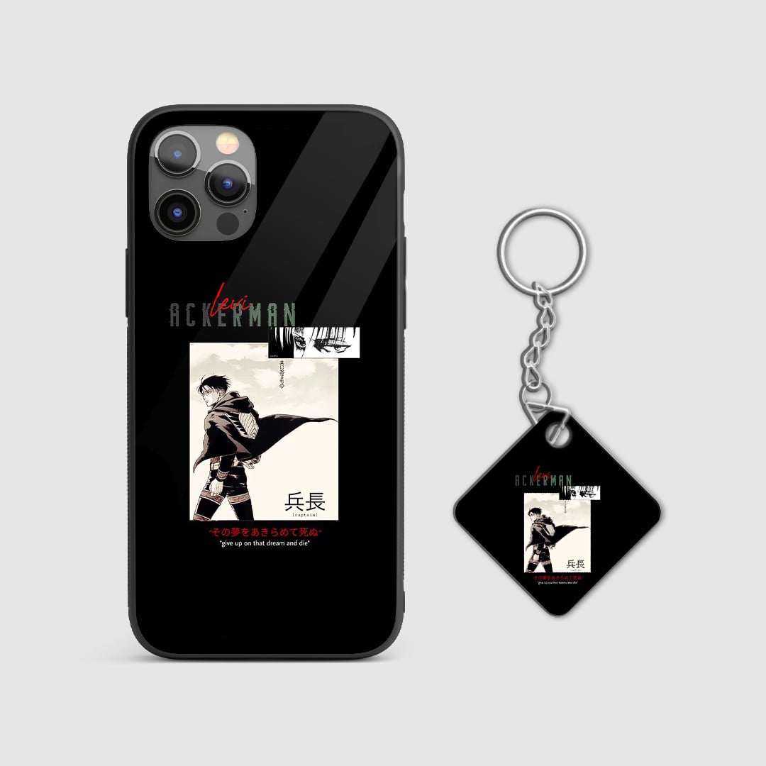 Striking graphic design of Levi Ackerman from Attack on Titan on a durable silicone phone case with Keychain.