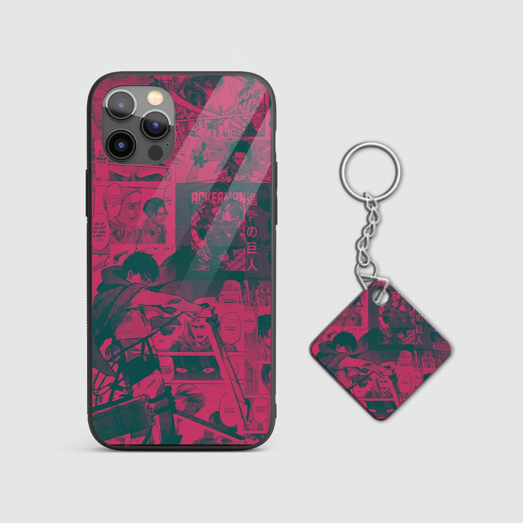 Striking manga design of Levi Ackerman from Attack on Titan on a durable silicone phone case with Keychain.