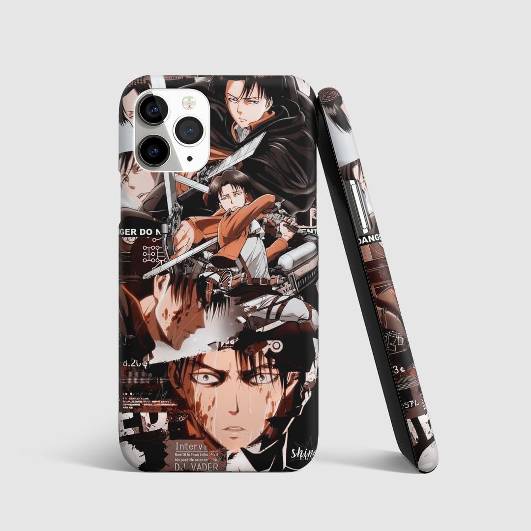 Striking artwork of Levi Ackerman from "Attack on Titan" with his sword on phone cover.