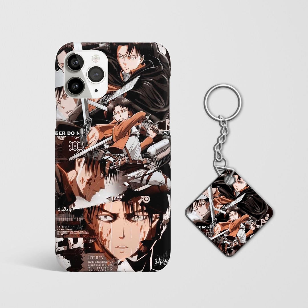 Close-up of Levi’s intense expression with his sword on phone case with Keychain.