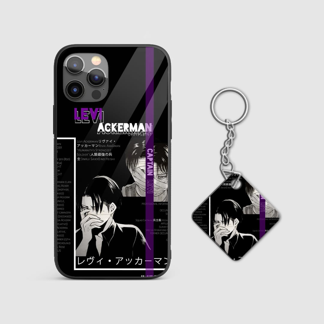 Detailed synopsis design of Levi Ackerman from Attack on Titan on a durable silicone phone case with Keychain.