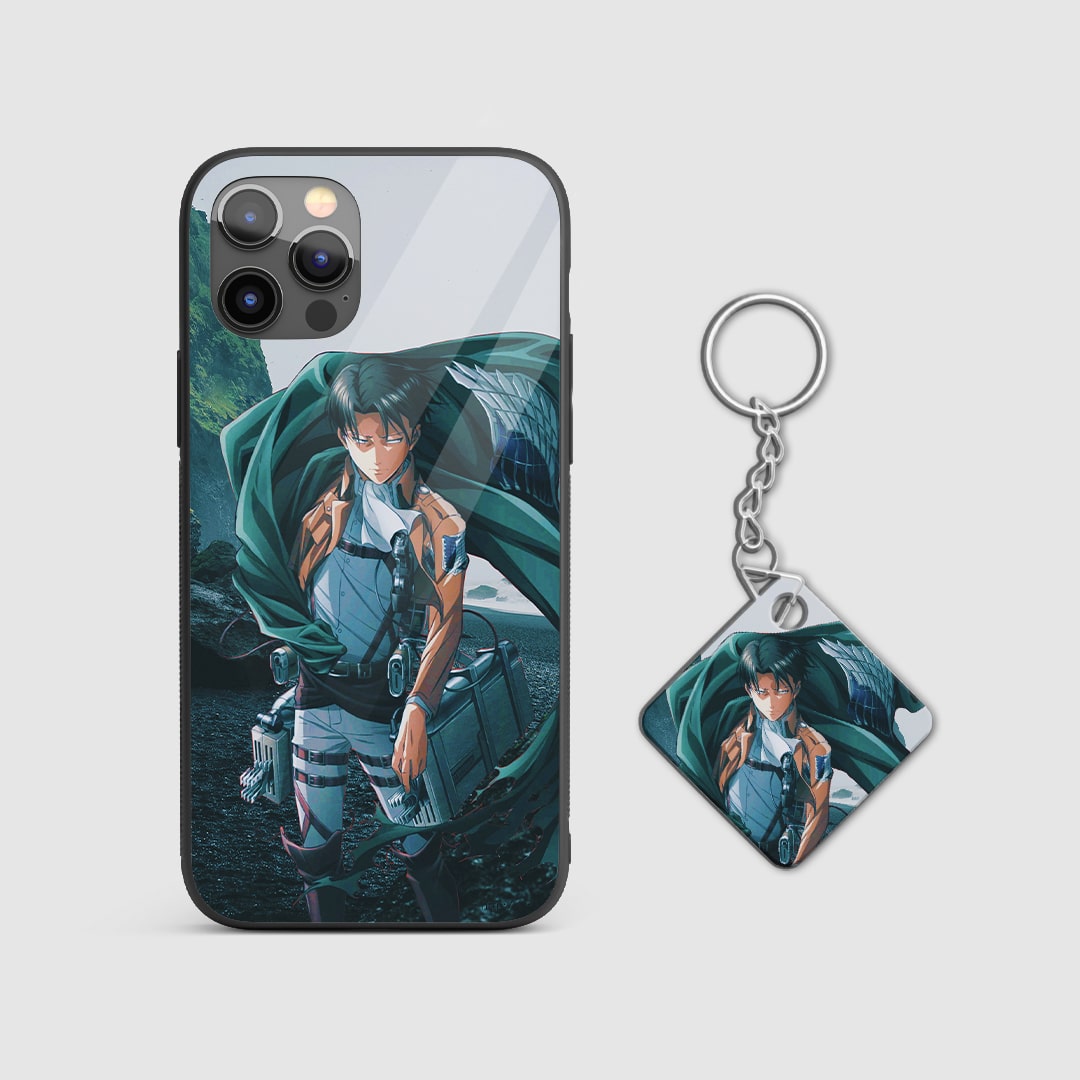 Bold graphic design of Levi Ackerman from Attack on Titan on a durable silicone phone case with Keychain.