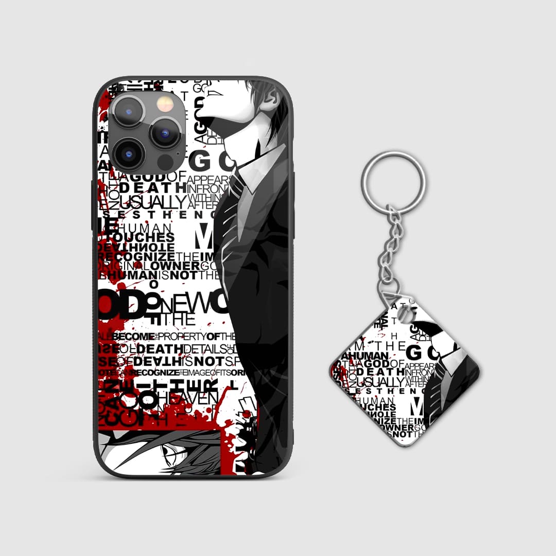 Striking design of Light Yagami with blood-red elements on a durable silicone phone case with Keychain.