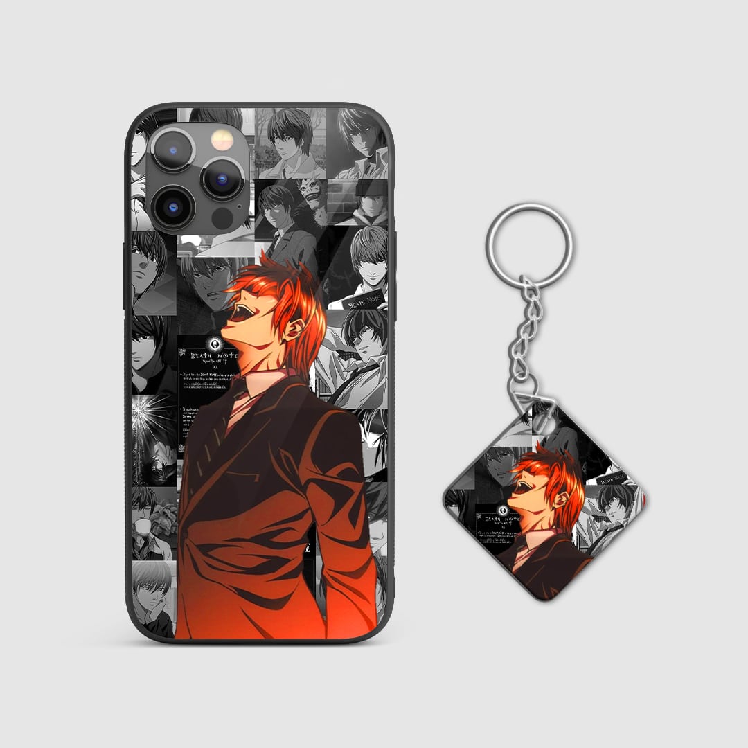 Detailed collage of Light Yagami's journey on a durable silicone phone case, capturing his transformation and complexity with Keychain.