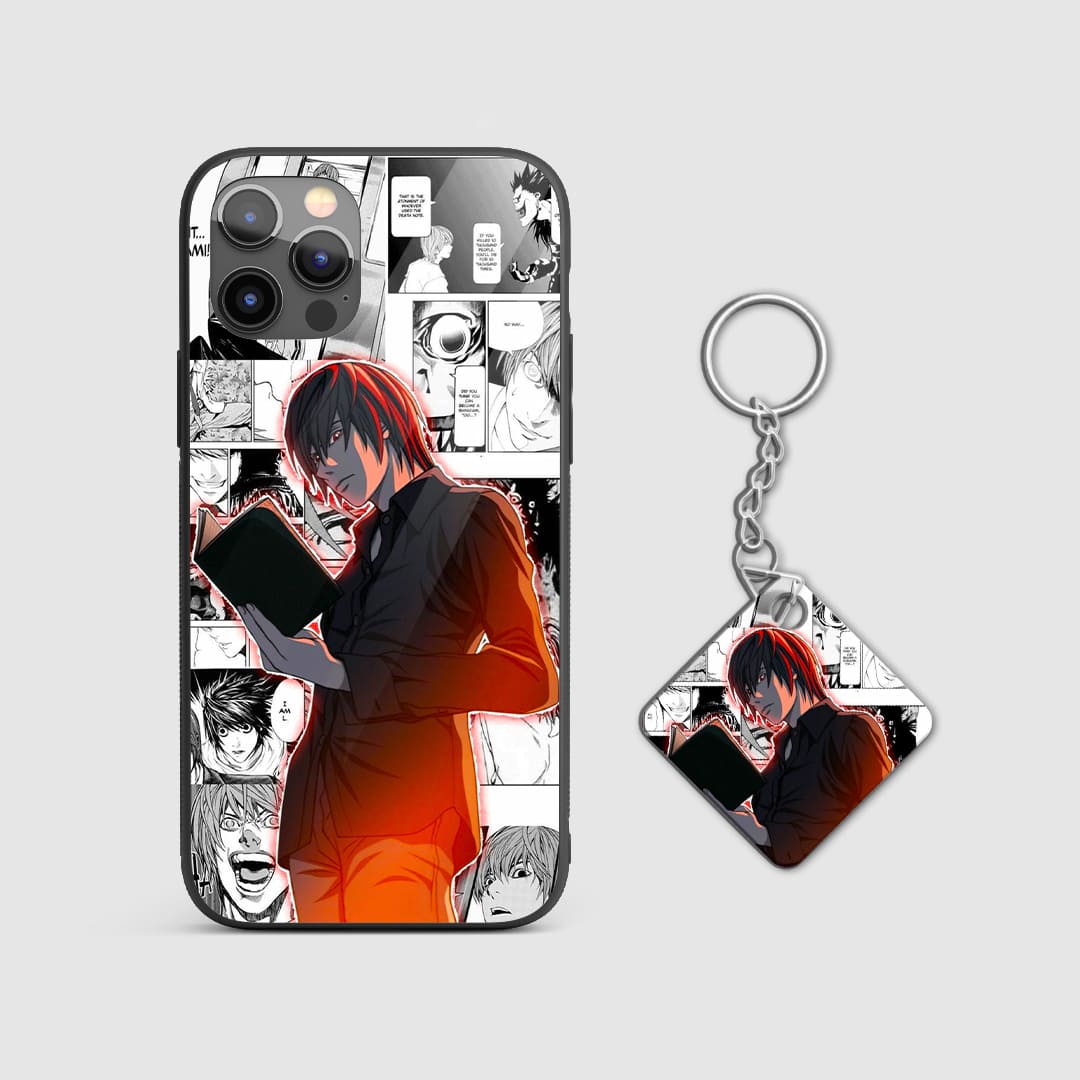 Striking design of Light Yagami with the Death Note on a durable silicone phone case with Keychain.