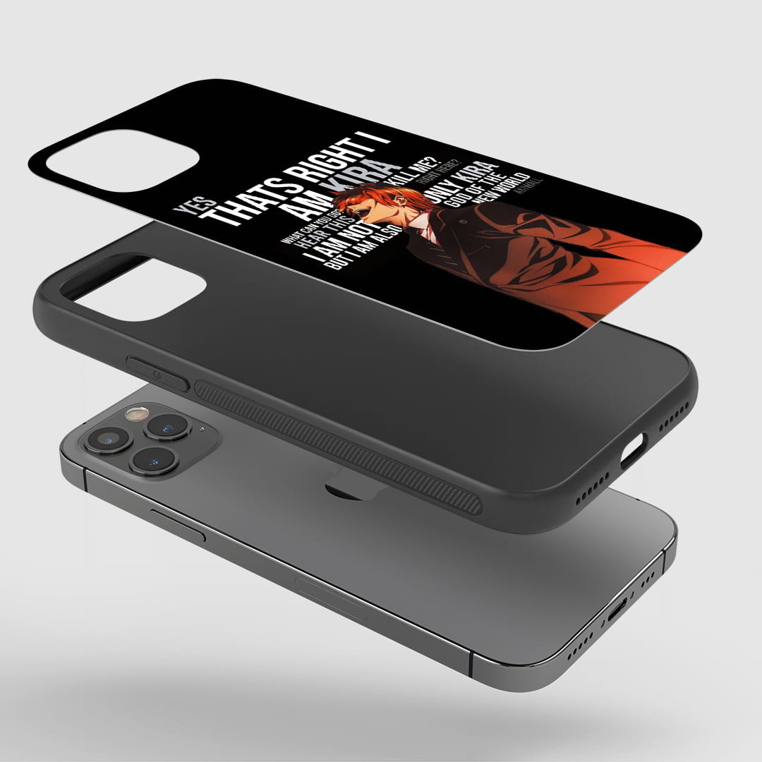 Light Yagami God Kira Phone Case installed on a smartphone, offering robust protection and a powerful design.