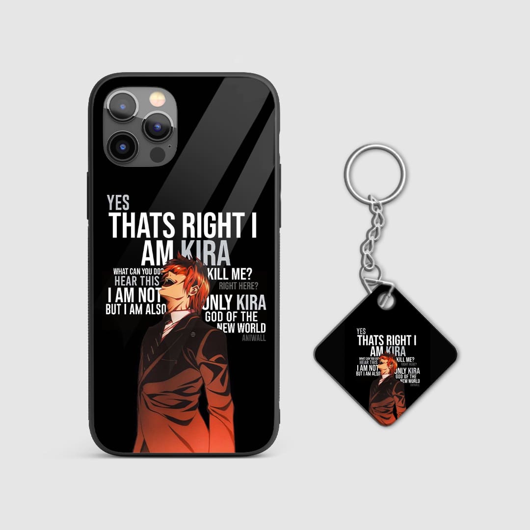 Striking design of Light Yagami as God Kira on a durable silicone phone case, capturing his intense presence with Keychain.