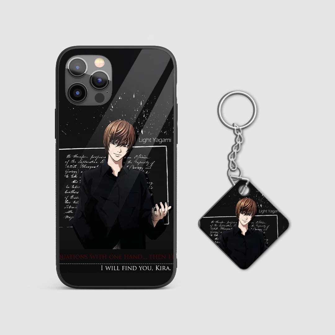 Powerful design of Light Yagami in his Kira persona on a durable silicone phone case with Keychain.